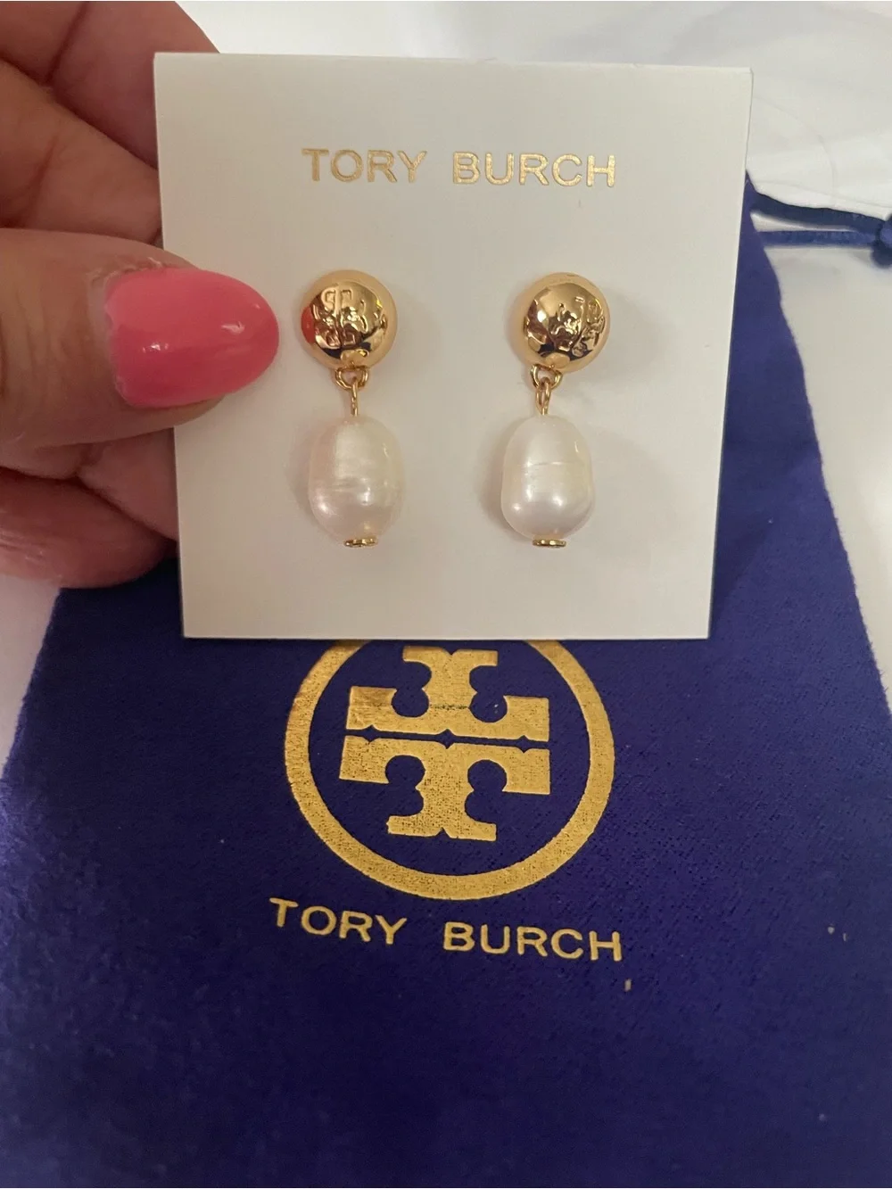 Tory Burch Gold Tone Earrings with White Pearl Drops